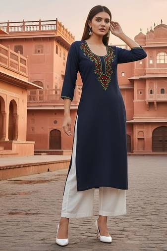 Navy embroidered rayon kurta set