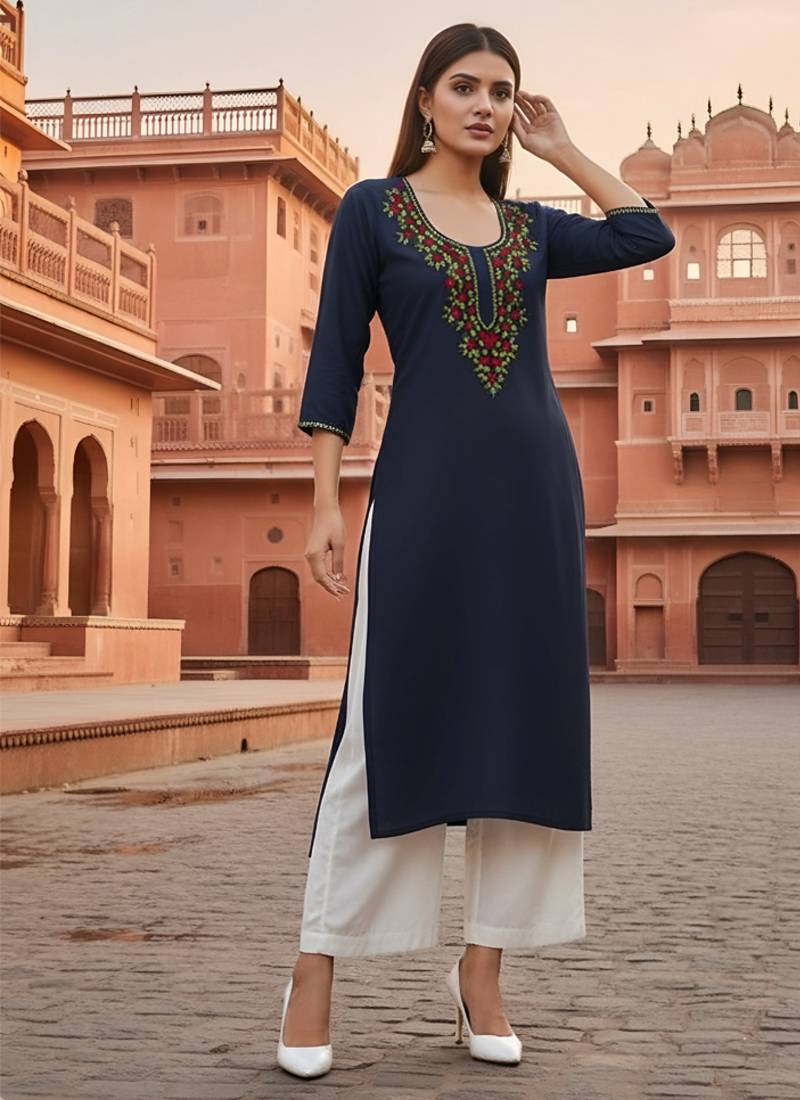 Navy embroidered rayon kurta set