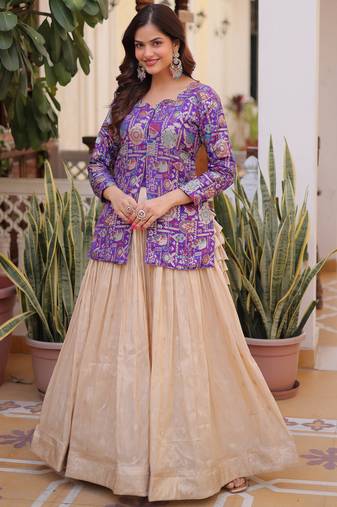 Outstanding Purple Zari Weaving Wedding Wear Lehenga With Peplum Top