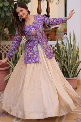 Outstanding Purple Zari Weaving Wedding Wear Lehenga With Peplum Top