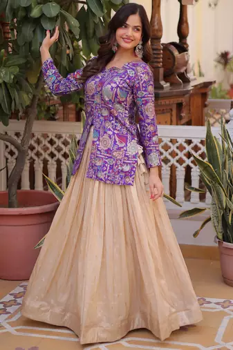 Outstanding Purple Zari Weaving Wedding Wear Lehenga With Peplum Top
