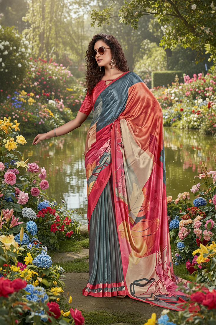 multicolor premium printed saree with blouse