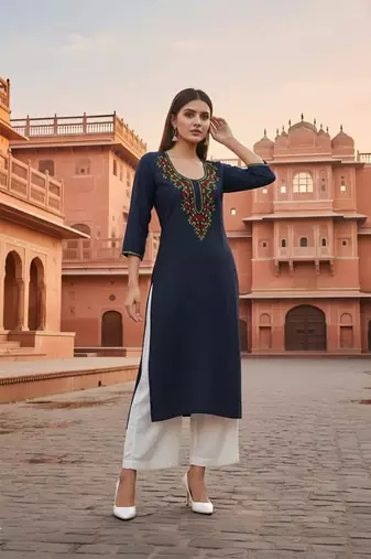 Navy embroidered rayon kurta set
