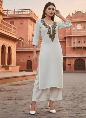 White embroidered rayon kurta set 1