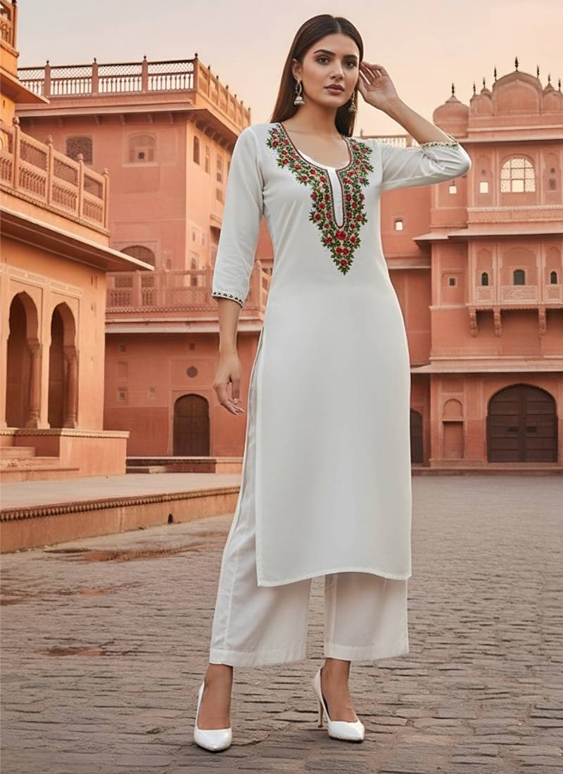 White embroidered rayon kurta set