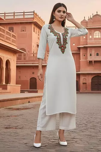 White embroidered rayon kurta set