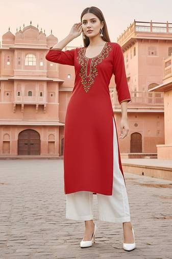 Red embroidered rayon kurta set