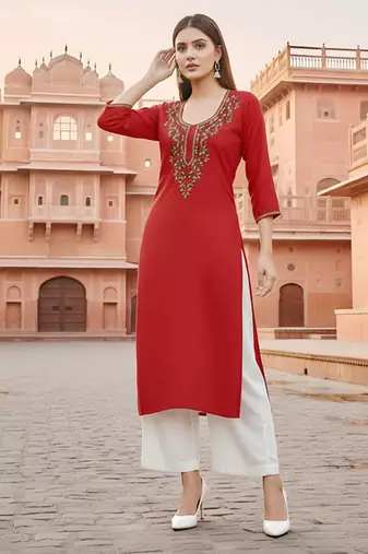 Red embroidered rayon kurta set