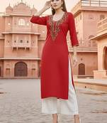 Red embroidered rayon kurta set