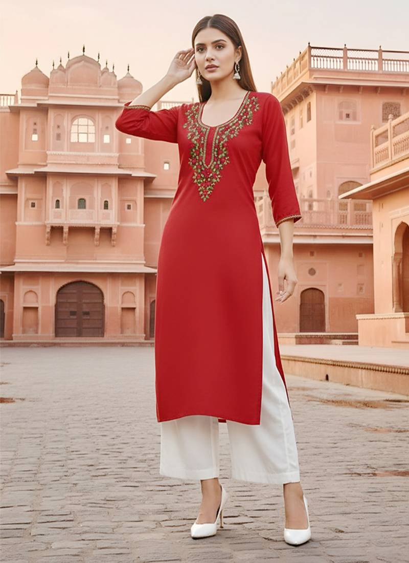 Red embroidered rayon kurta set