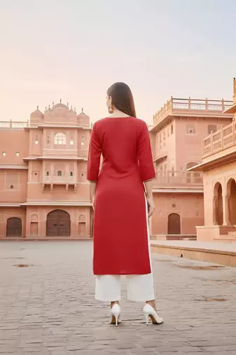 Red embroidered rayon kurta set