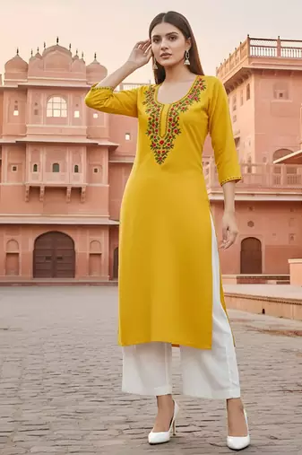 Yellow embroidered rayon kurta set