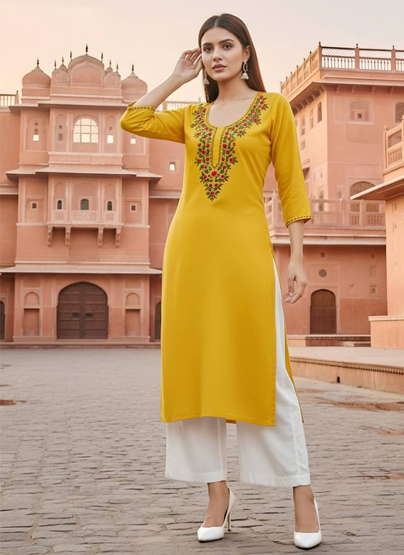 Yellow embroidered rayon kurta set