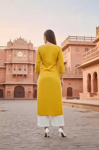 Yellow embroidered rayon kurta set