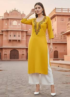 Yellow embroidered rayon kurta set 3