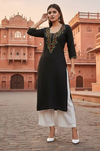 Black embroidered rayon kurta set