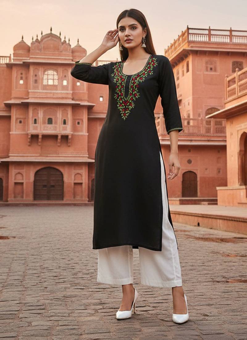 Black embroidered rayon kurta set