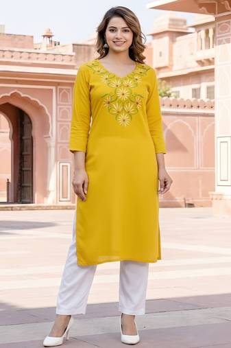Yellow  embroidered rayon kurta set