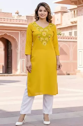 Yellow  embroidered rayon kurta set