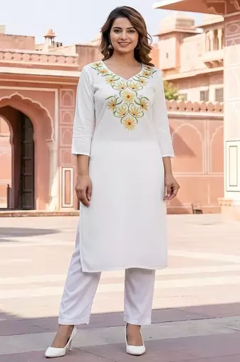 White embroidered rayon kurta set