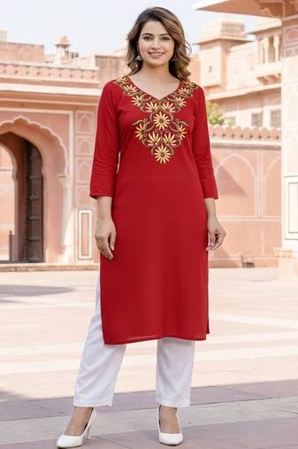 Red embroidered rayon kurta set