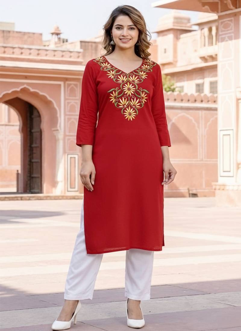 Red embroidered rayon kurta set