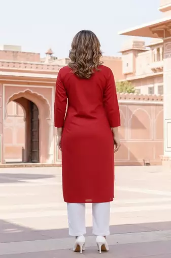 Red embroidered rayon kurta set