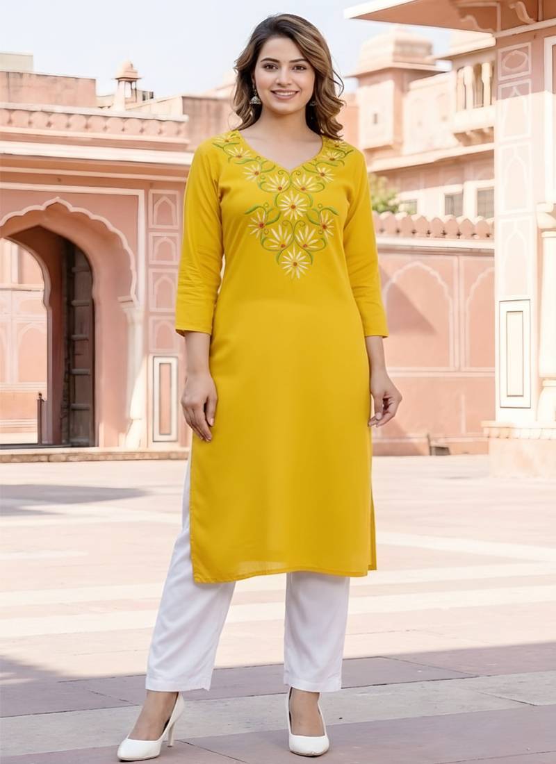 Yellow  embroidered rayon kurta set