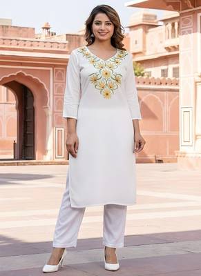 White embroidered rayon kurta set 3