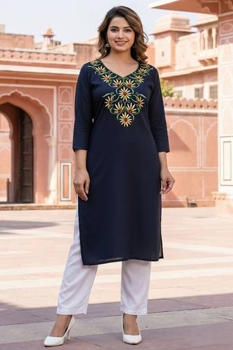 Navy embroidered rayon kurta set