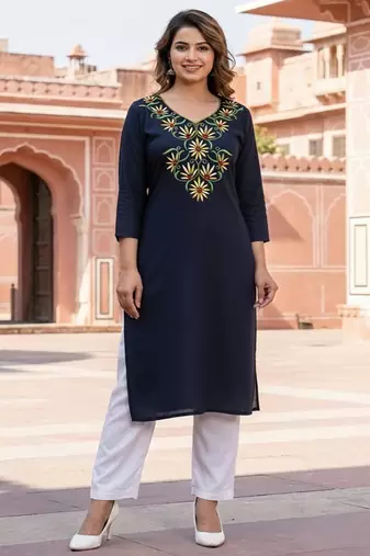 Navy embroidered rayon kurta set