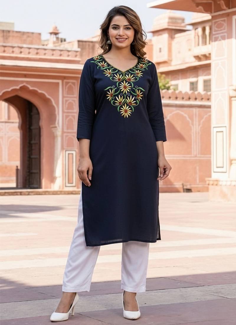 Navy embroidered rayon kurta set