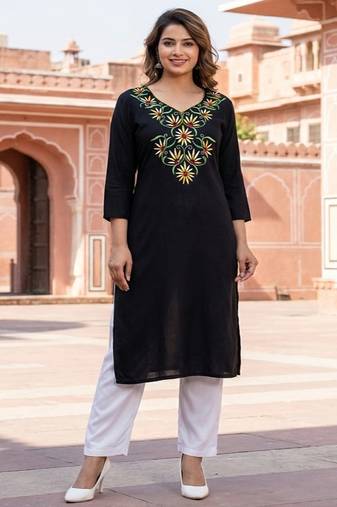 Black embroidered rayon kurta set