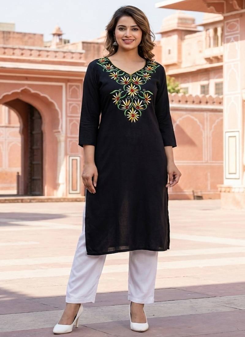 Black embroidered rayon kurta set