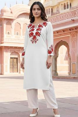 White embroidered rayon kurta set 1