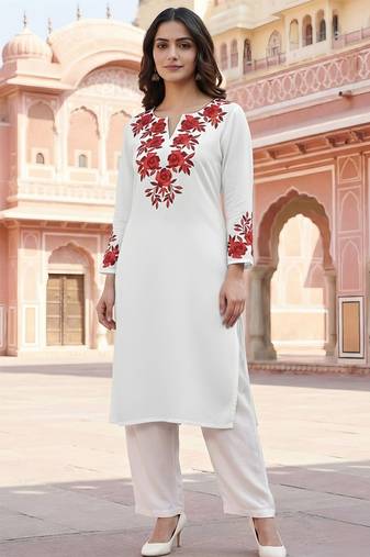 White embroidered rayon kurta set