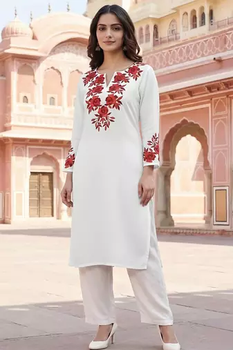 White embroidered rayon kurta set