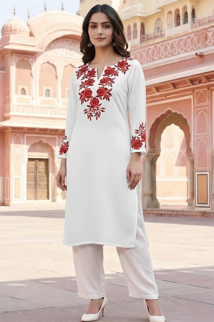 White embroidered rayon kurta set