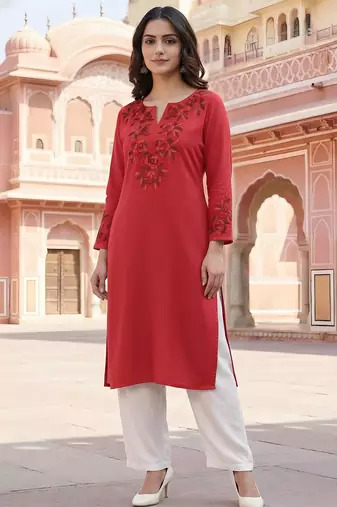 Red embroidered rayon kurta set