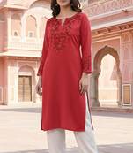 Red embroidered rayon kurta set
