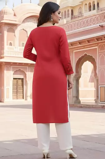 Red embroidered rayon kurta set