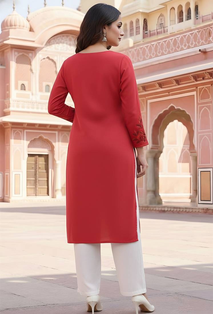 Red embroidered rayon kurta set