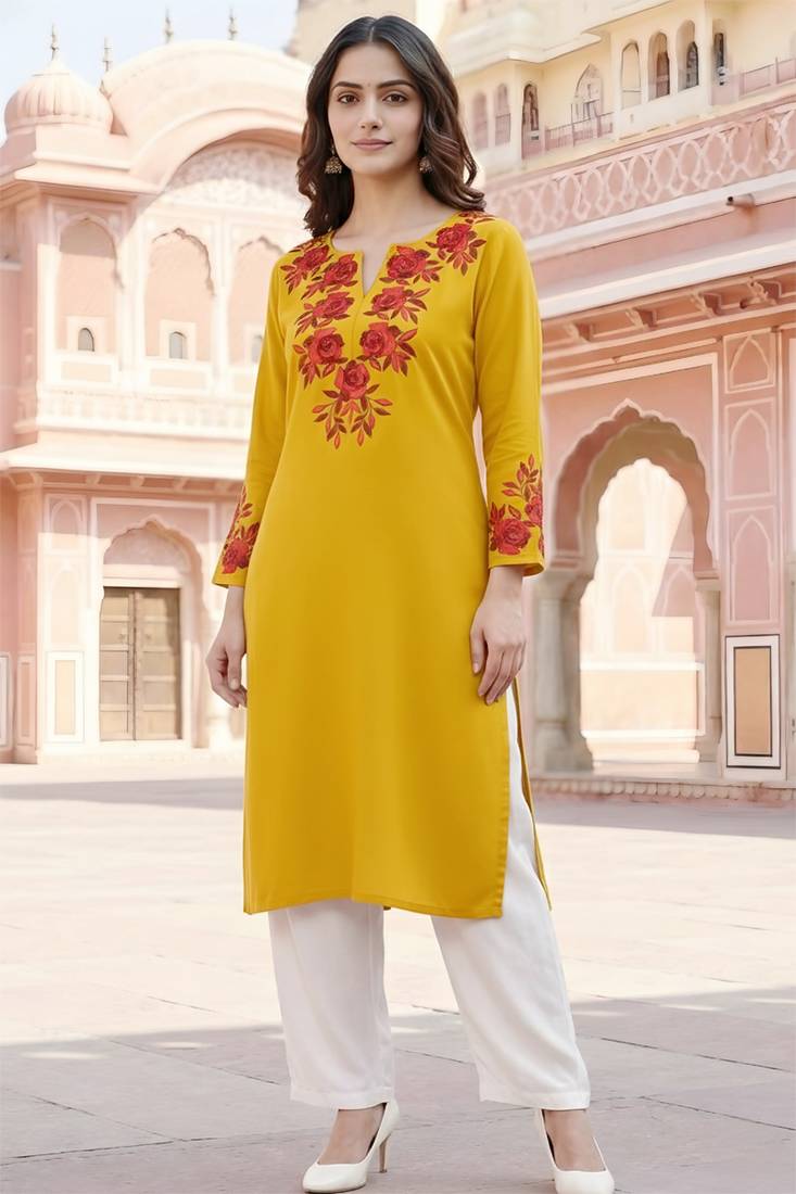 Yellow embroidered rayon kurta set