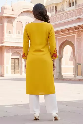 Yellow embroidered rayon kurta set