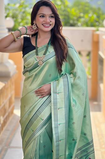 green tissue paithani silk saree with zari weave