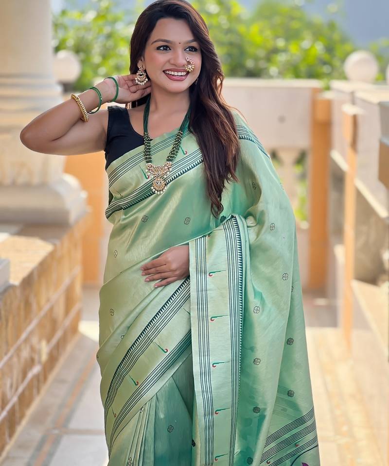 green tissue paithani silk saree with zari weave