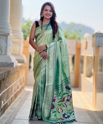 green tissue paithani silk saree with zari weave 2