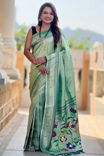 green tissue paithani silk saree with zari weave