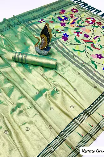 green tissue paithani silk saree with zari weave