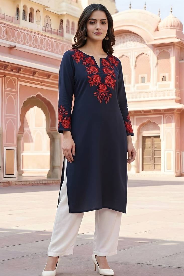 Navy  embroidered rayon kurta set